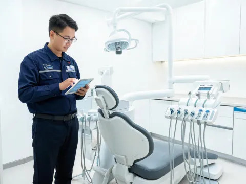 Service engineer checking dental chair