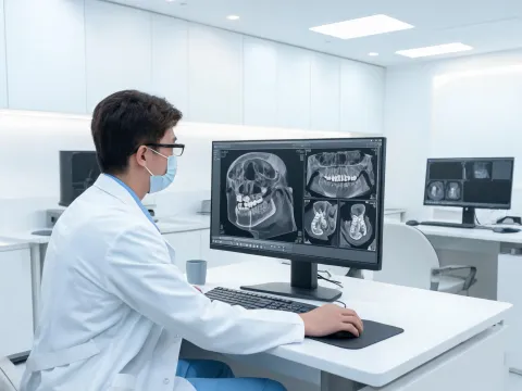 Dental imaging engineer at console